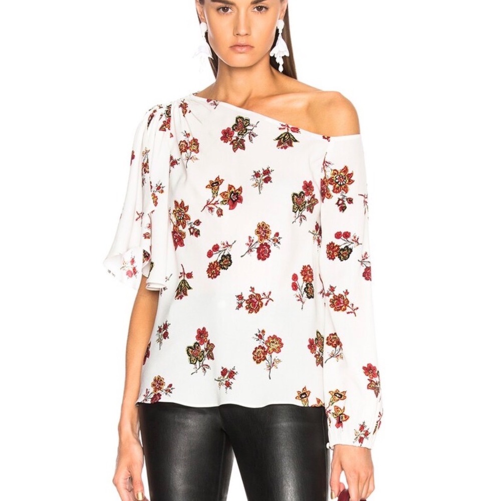 A.L.C. Women White Marissa Floral 4 One Shoulder Ruffle Silk Blouse ALC-00288-WH